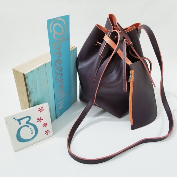 Handbags - Bucket Drawstring Vegan Leather Plum and Orange